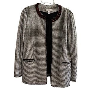 CHICO’S Women's Black White Red Beaded Neckline Open Front Jacket Size Medium 12